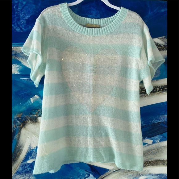 Wildfox Knit Top Aqua White Stripe Heart Sequins - Picture 2 of 5